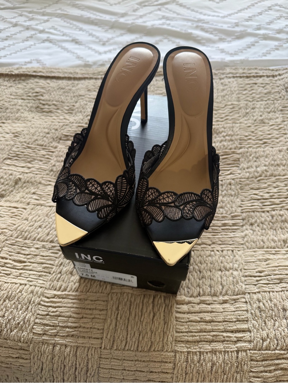 INC International Concepts Black Lace Pointed-Toe Stiletto Mules with Gold Cap